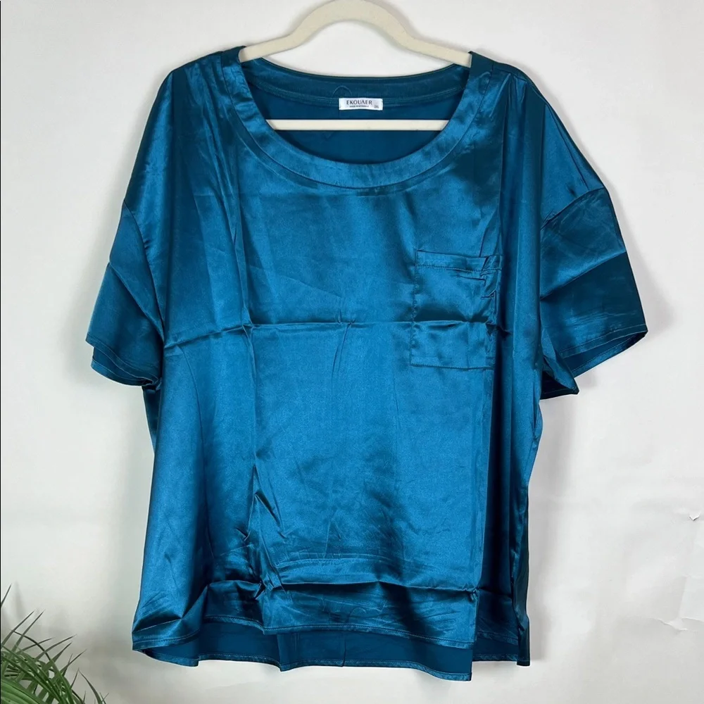 NWOT Ekouaer Women 2XL Satin Pajama Set Loungewear Teal Green - Picture 3 of 10